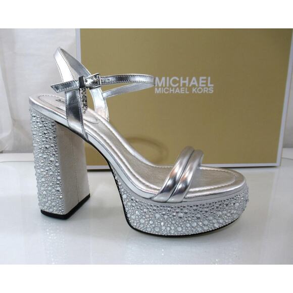 Michael Kors Laci Embellished Metallic Leather Platform Sandals Silver